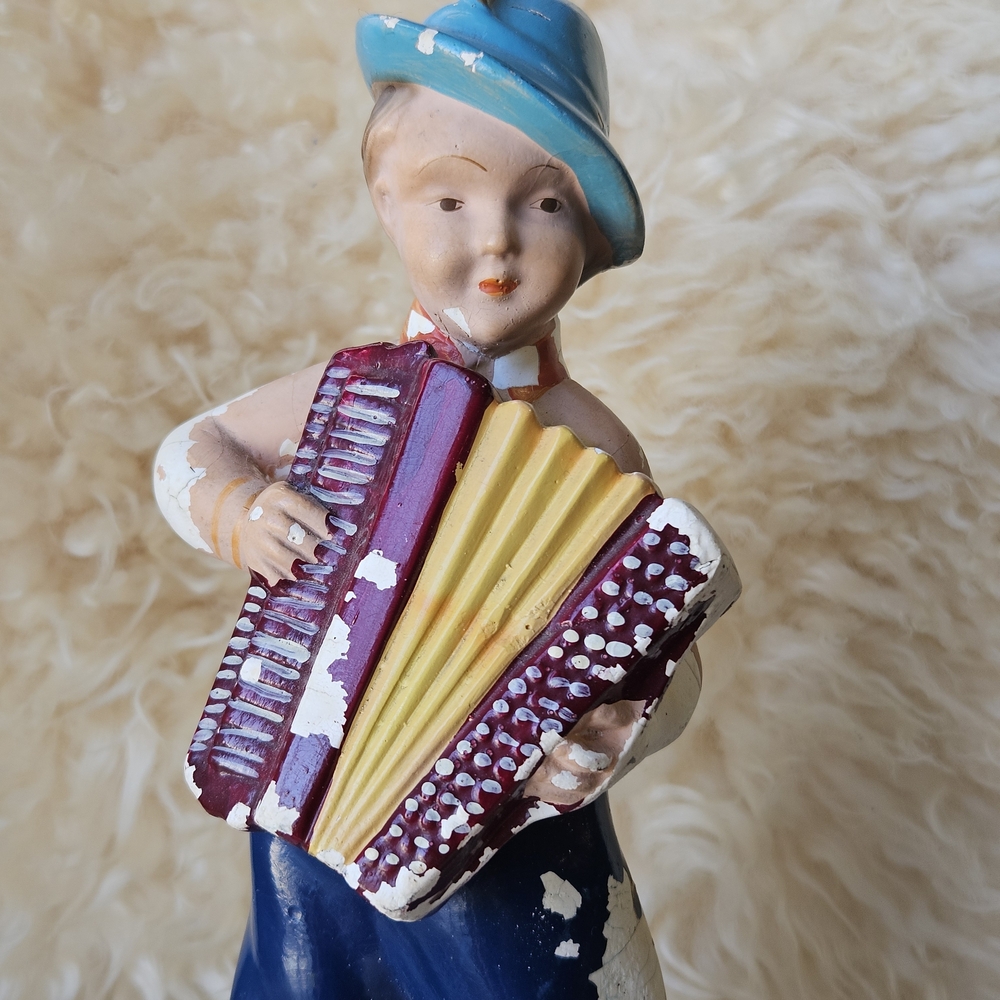 Vintage Midcentury 1940s Accordion Player Boy CHALK Figurine - Decorative ART